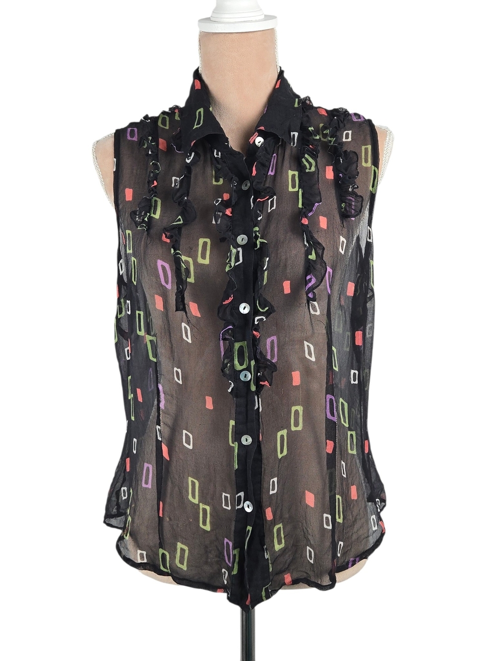 Vintage 90s Tess Sleeveless Silk Sheer Button Up Top Black Geometric Size L